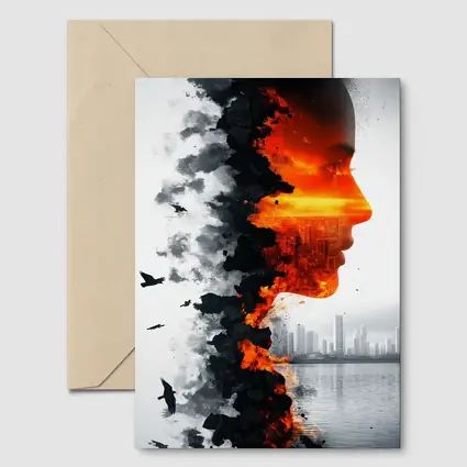 Woman Face Double Exposure Burning City