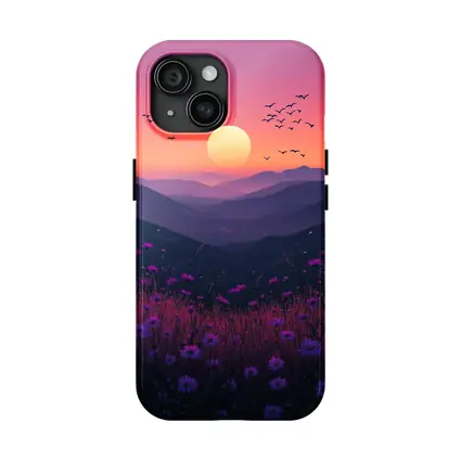 Purple Wildflowers Mountain Sunset Birds Sky