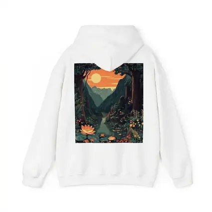 Lotus Forest River Mountain Sunset Illustration