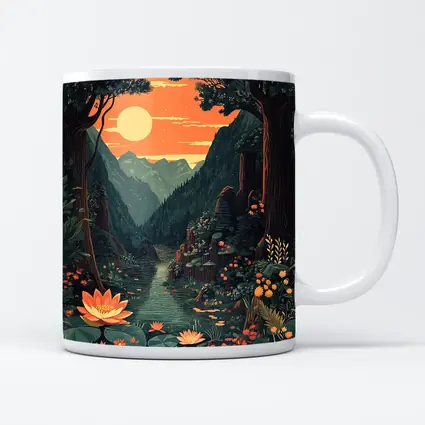 Lotus Forest River Mountain Sunset Illustration