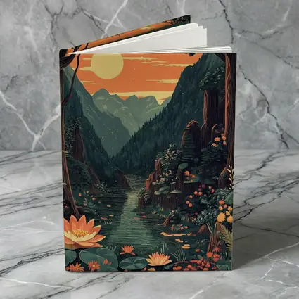 Lotus Forest River Mountain Sunset Illustration