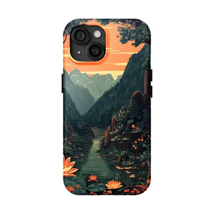 Lotus Forest River Mountain Sunset Illustration