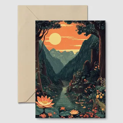 Lotus Forest River Mountain Sunset Illustration