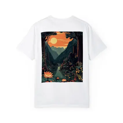 Lotus Forest River Mountain Sunset Illustration