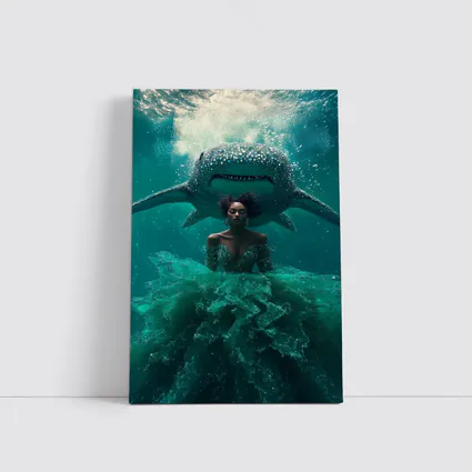 Woman in Gown Underwater With Shark