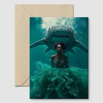 Woman in Gown Underwater With Shark