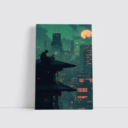 Pixel Art Samurai Rooftop Cyberpunk City Night