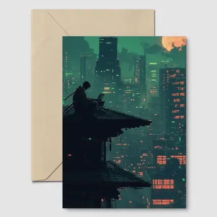 Pixel Art Samurai Rooftop Cyberpunk City Night