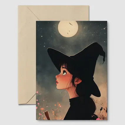Anime Witch Girl Moonlit Night Sky