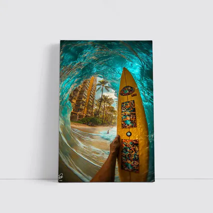 Surfer Holding Yellow Board Inside Ocean Wave