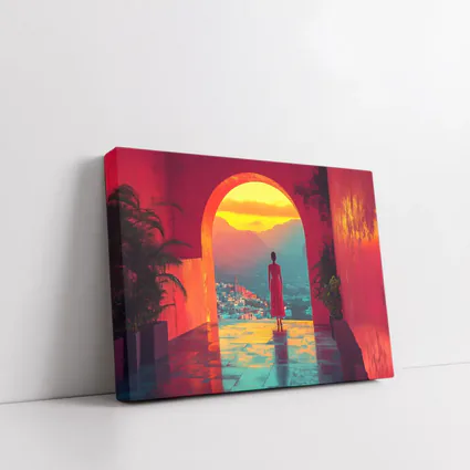 Woman Standing Arch Sunset City View