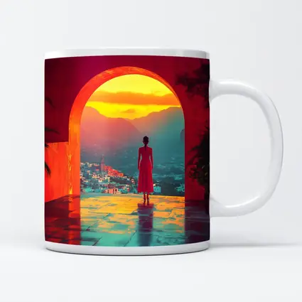 Woman Standing Arch Sunset City View