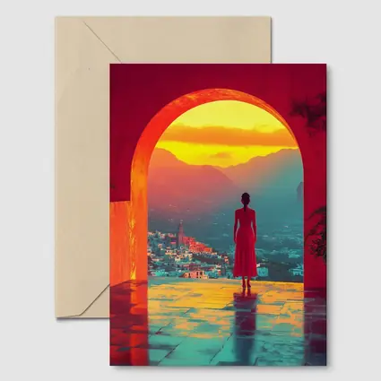 Woman Standing Arch Sunset City View