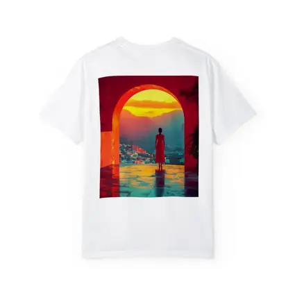 Woman Standing Arch Sunset City View