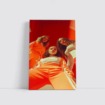 Three Women Orange Adidas Sportswear Red Background