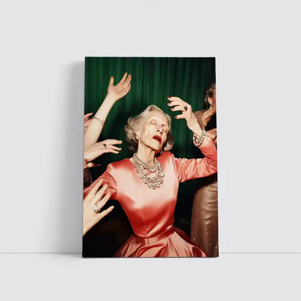 Elegant Older Woman Dancing Green Curtain Background