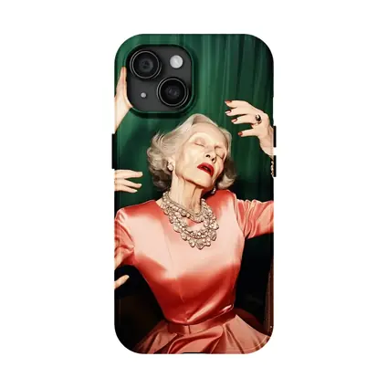 Elegant Older Woman Dancing Green Curtain Background