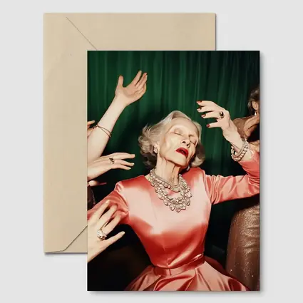 Elegant Older Woman Dancing Green Curtain Background
