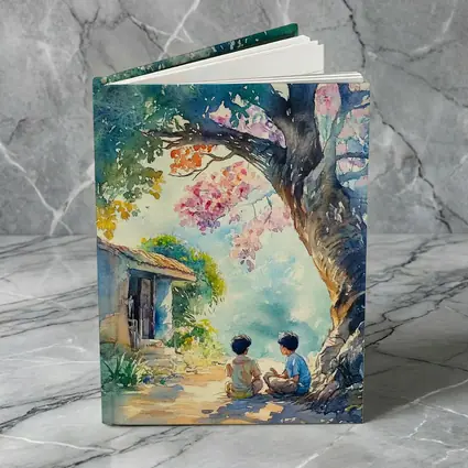 Two Boys Sitting Under Large Tree Watercolor