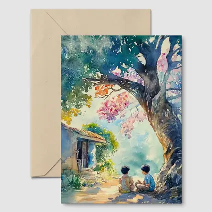 Two Boys Sitting Under Large Tree Watercolor