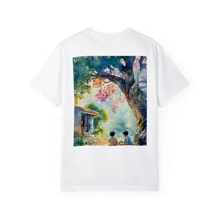 Two Boys Sitting Under Large Tree Watercolor