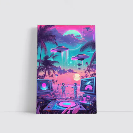 Retro Synthwave Beach UFO DJ Scene