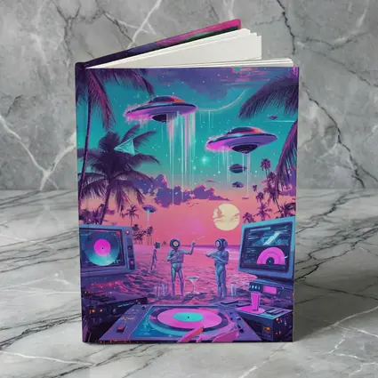 Retro Synthwave Beach UFO DJ Scene