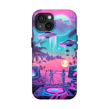 Retro Synthwave Beach UFO DJ Scene