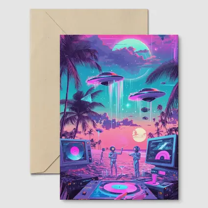 Retro Synthwave Beach UFO DJ Scene