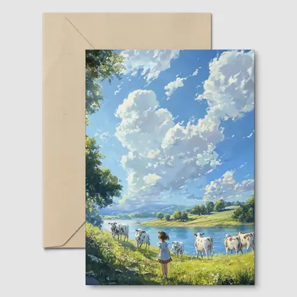 Anime Girl With Cows By River
