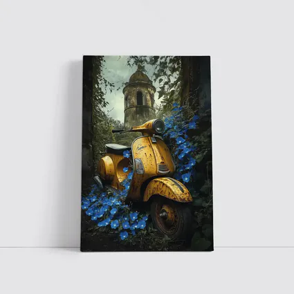 Rusty Yellow Vespa Scooter Blue Flowers Tower