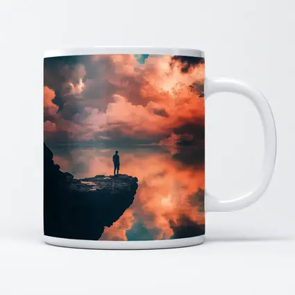 Lone Figure Standing on Cliff Dramatic Sky