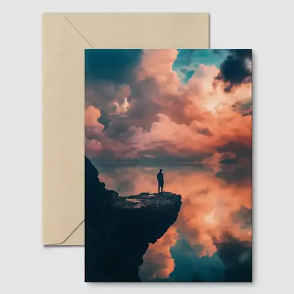 Lone Figure Standing on Cliff Dramatic Sky