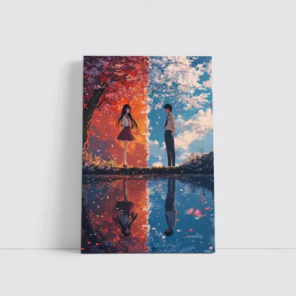 Anime Couple Cherry Blossom Reflection Split Scene