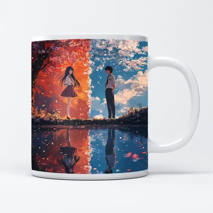 Anime Couple Cherry Blossom Reflection Split Scene