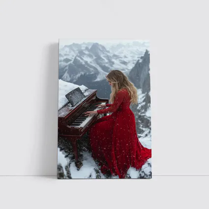 Woman in Red Dress Playing Piano Mountains
