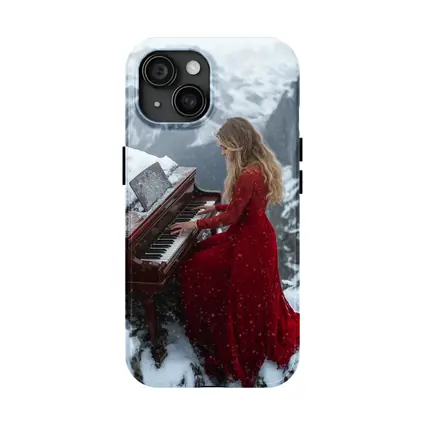 Woman in Red Dress Playing Piano Mountains