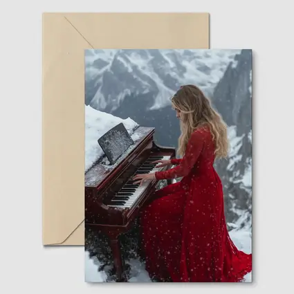 Woman in Red Dress Playing Piano Mountains