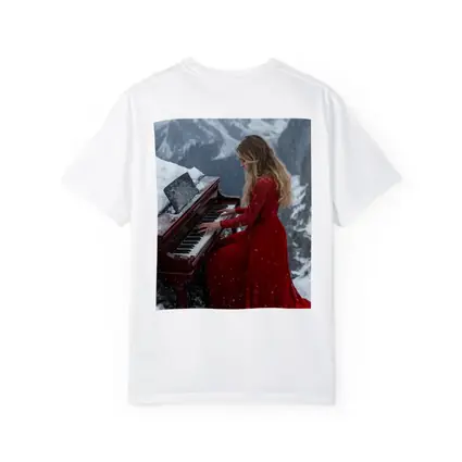 Woman in Red Dress Playing Piano Mountains