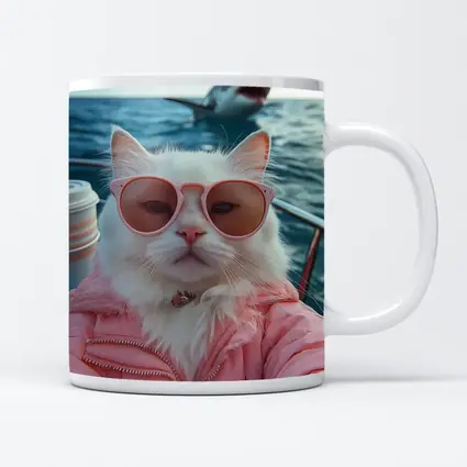 White Cat Sunglasses Pink Jacket Ocean Shark