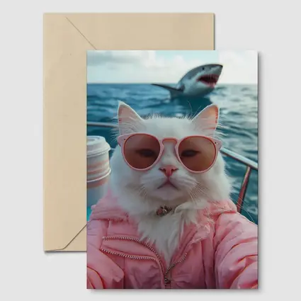 White Cat Sunglasses Pink Jacket Ocean Shark