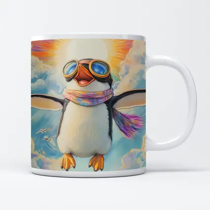 Happy Penguin Flying Through Colorful Sky