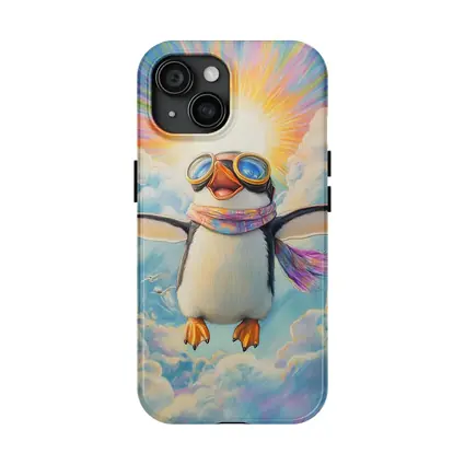 Happy Penguin Flying Through Colorful Sky