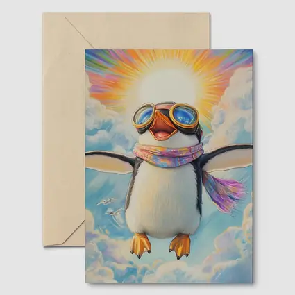 Happy Penguin Flying Through Colorful Sky