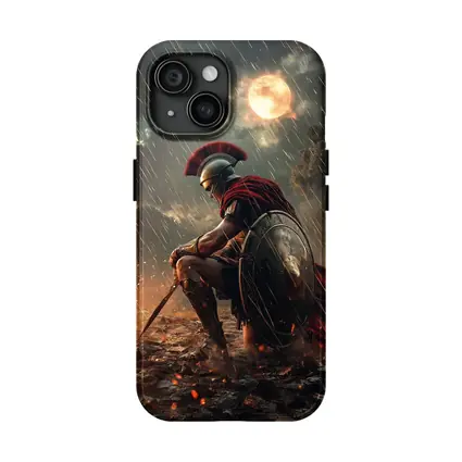 Spartan Warrior Kneeling Under Blood Moon