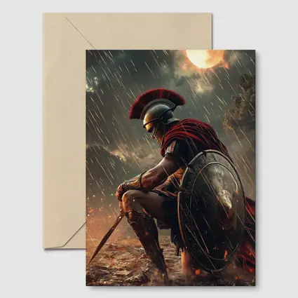 Spartan Warrior Kneeling Under Blood Moon