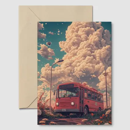 Red Bus Anime Floral Cloudy Sky Scene