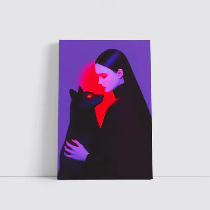 Dark Woman Holding Black Wolf Purple Background