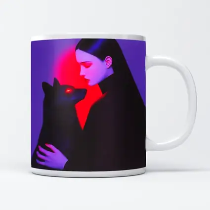 Dark Woman Holding Black Wolf Purple Background