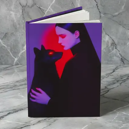 Dark Woman Holding Black Wolf Purple Background